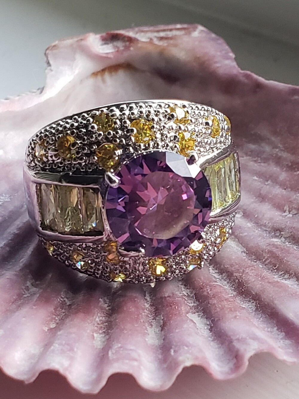 💜NWT Amethyst Citrine 925 Round Stamped Fashion Dome Ring, Size 10, Baguettes
